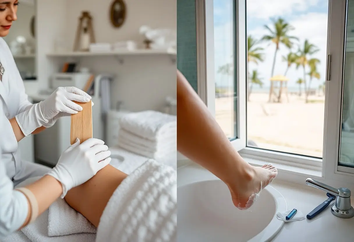 Left: gloved esthetician applying a wax strip to a client's leg; right: foot soaking in a sink with a beach view outside the window.