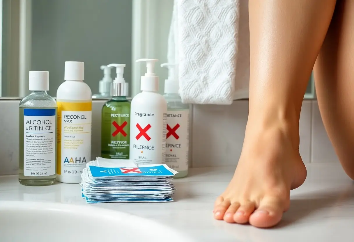 A person’s bare feet on a bathroom counter beside assorted bottle containers and a stack of blue cards on the marble surface.