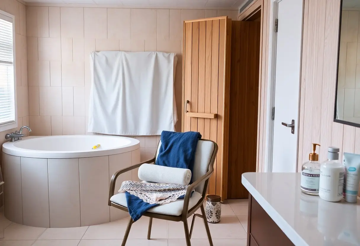 A cozy bathroom corner with a large round tub, a wooden door, and a cushioned chair draped with blue towels and a knit throw.