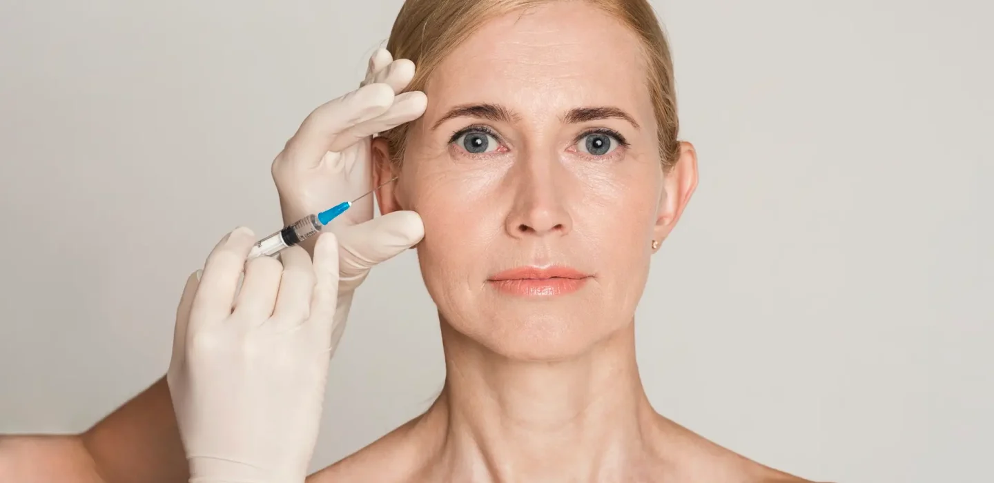 Woman receiving a cosmetic facial injection at the temple from a gloved clinician