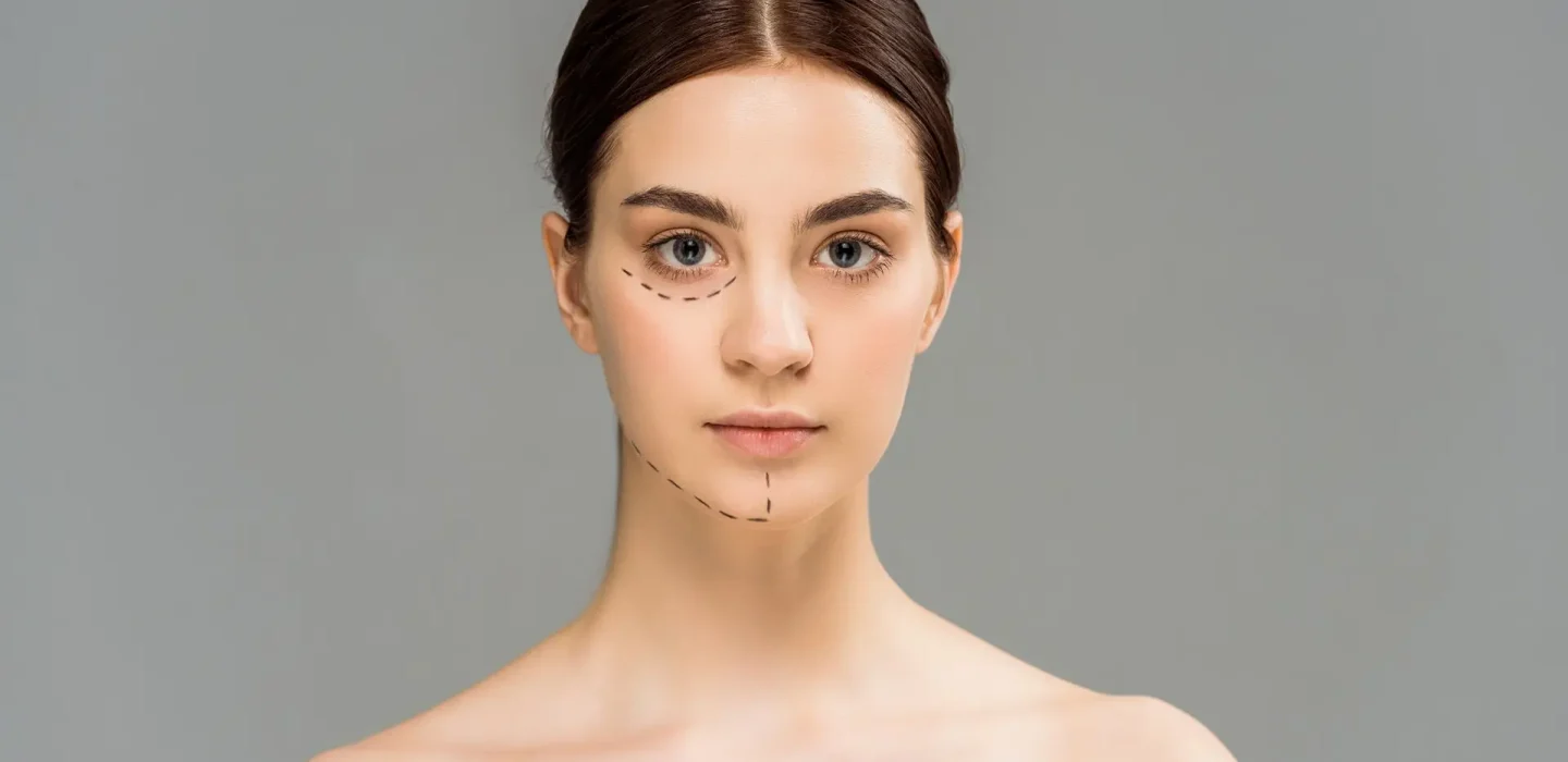 Front-facing portrait of a woman with dotted surgical lines outlining the cheeks and chin for cosmetic procedures.